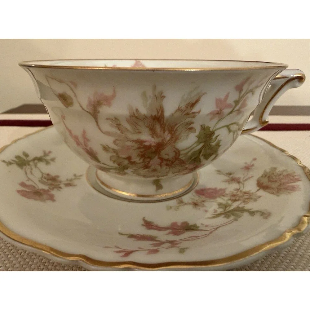 Vintage Haviland Limoges Poppy Porcelain Footed Teacup and Saucer Set Gold Trim